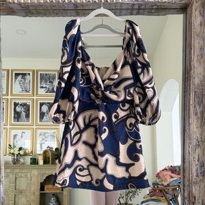 Luxxel Blue and Cream Abstract Mini Dress with Puff Sleeves Size L